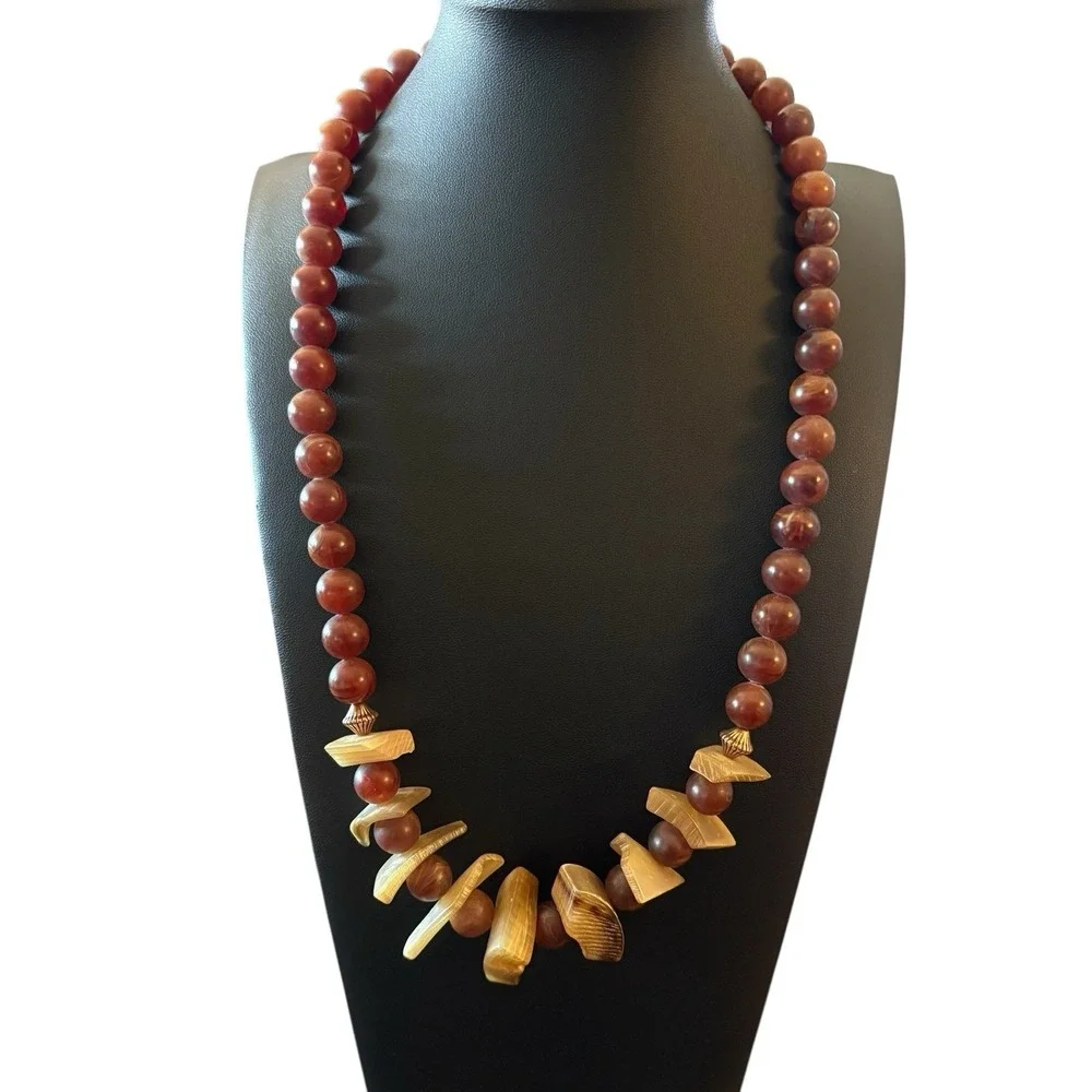 Chunky Lucite Necklace Faux Tiger Amber &‎ Bone Statement Tribal Signed M.E. VTG